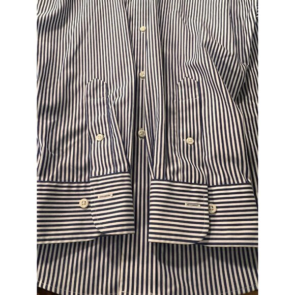 Lauren Ralph Lauren Navy Striped Button Down‎ No Iron Shirt Sz 17 1/2 34/35 Prep - Picture 5 of 12